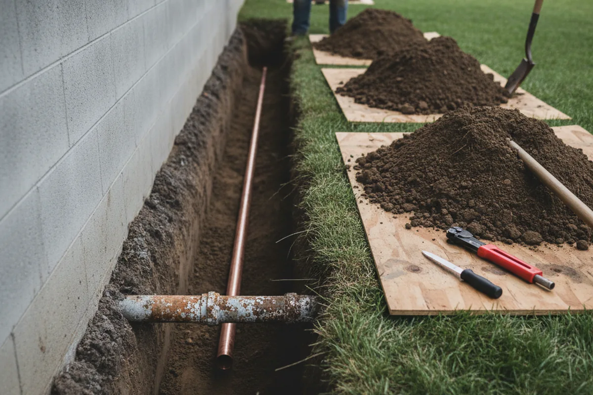 Excavated water line trench during Sewer Line Repair in Berea